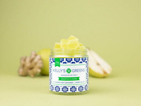 Jar of 40 Delta-9 THC gummies in vibrant green with pear and ginger in the background