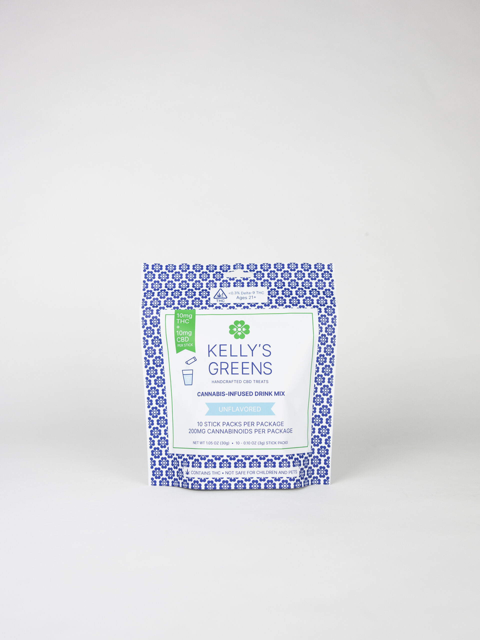 Cannabis stir-in pouch with glass of water serving suggestion