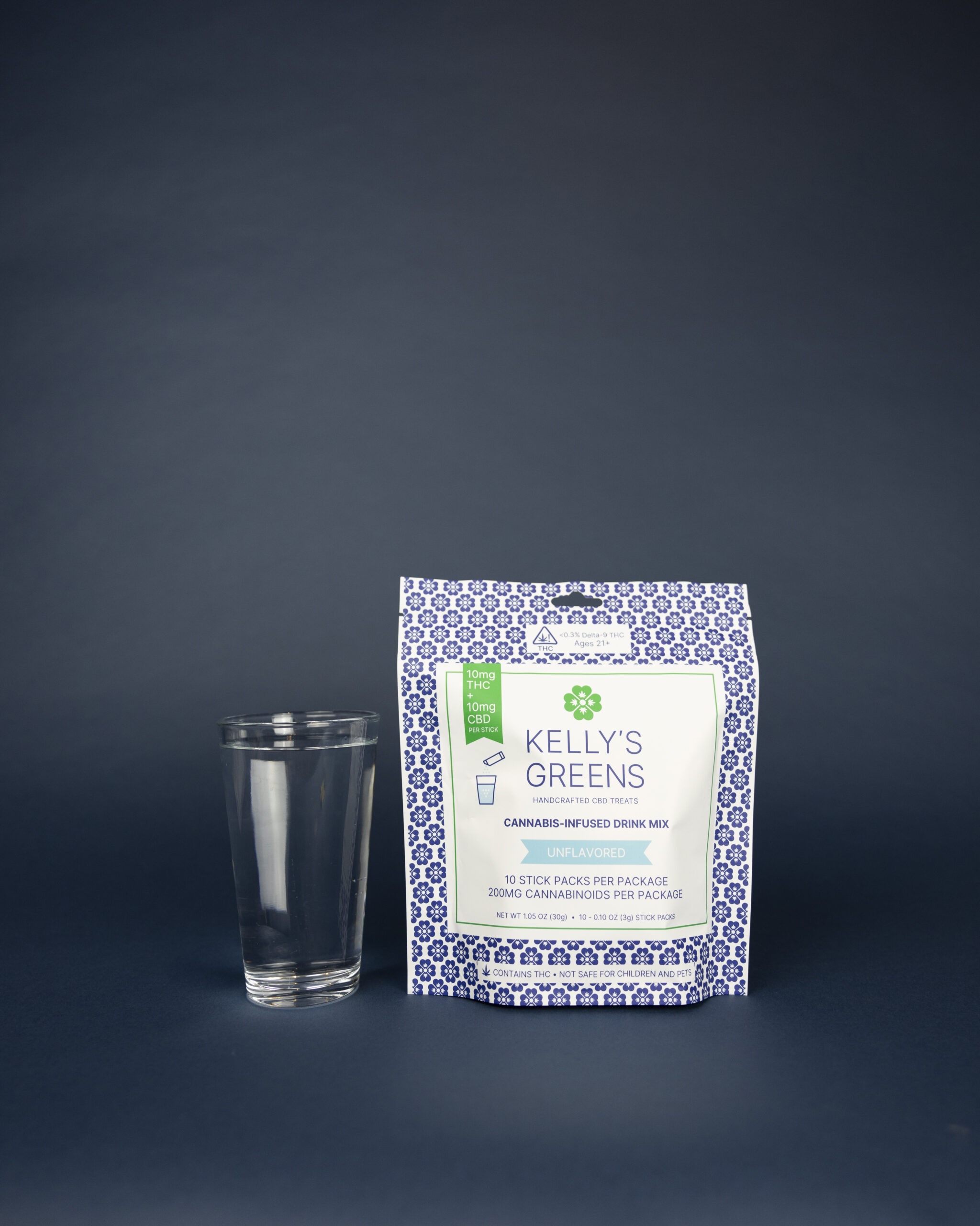 Cannabis stir-in power with glass of water serving suggestion